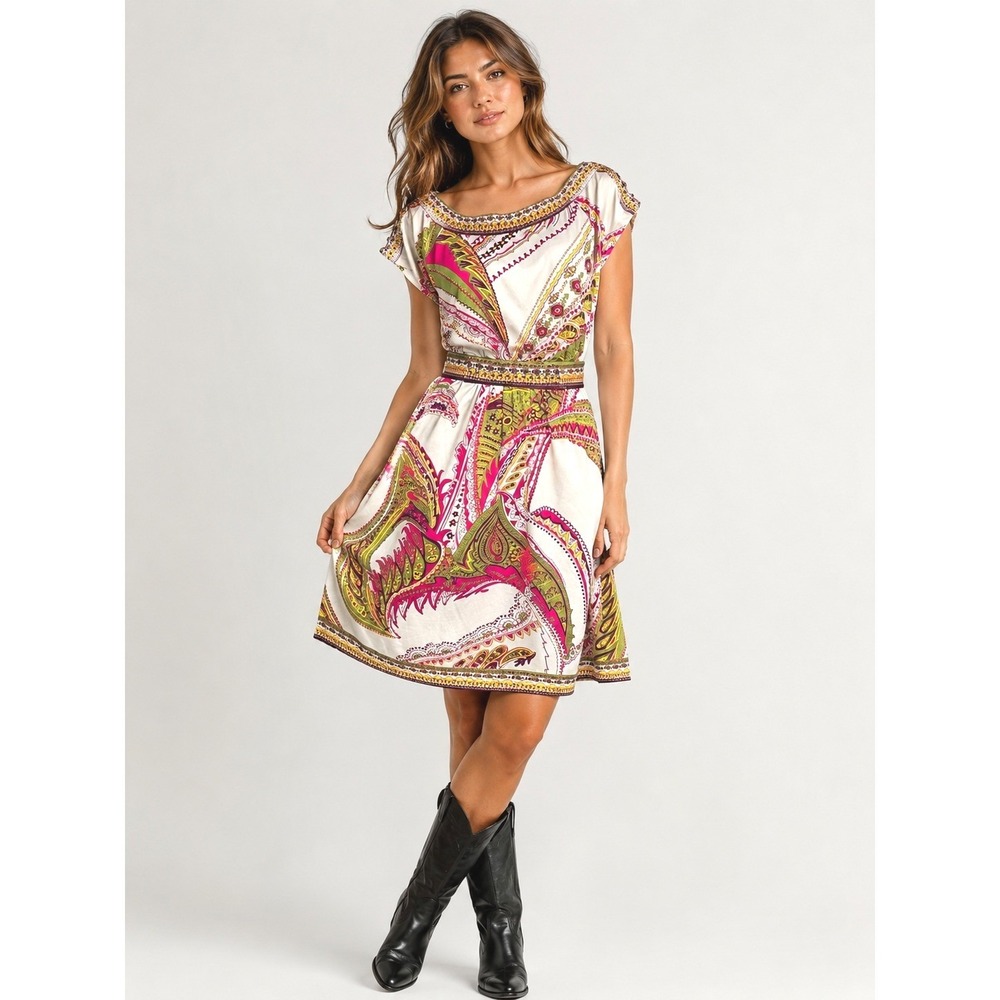 ICE Womens Y2K Paisley Beaded Belt Fit Flare Dress Pink XL Summer Festival